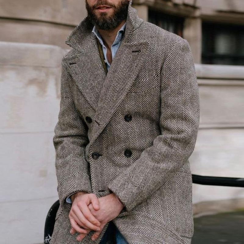 Men's Coat - Double Breasted Wool Blend - Classic Herringbone Pattern - Peak Lapels