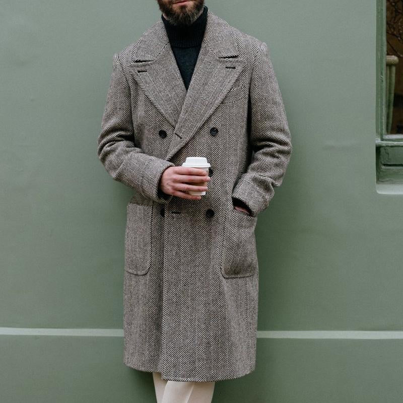 Men's Coat - Double Breasted Wool Blend - Classic Herringbone Pattern - Peak Lapels