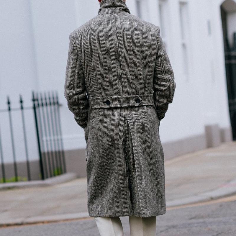Men's Coat - Double Breasted Wool Blend - Classic Herringbone Pattern - Peak Lapels