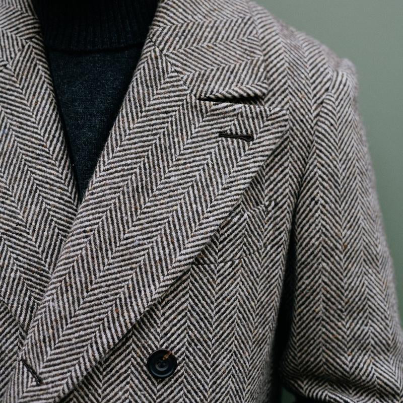 Men's Coat - Double Breasted Wool Blend - Classic Herringbone Pattern - Peak Lapels