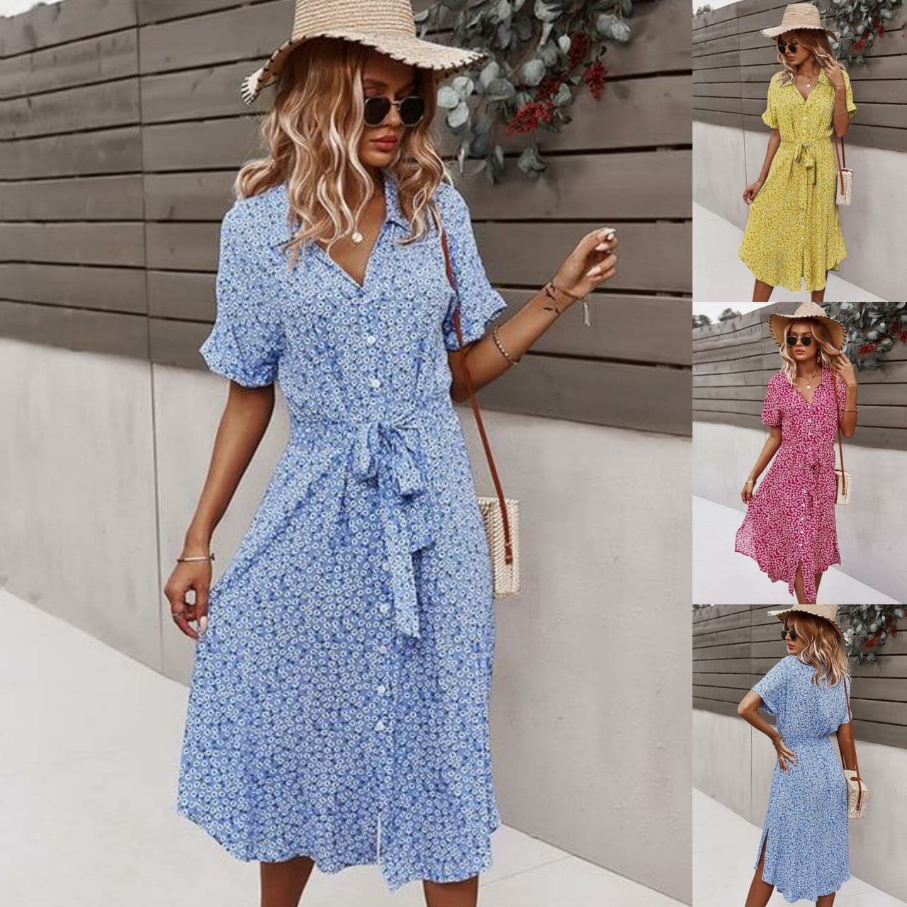 Women's Midi Dress - Button Closure & Tie Belt - Short Puff Sleeves - Floral Lightweight Design