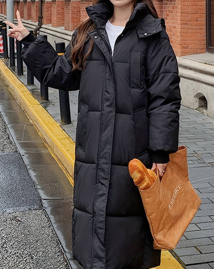 Women's Winter Jacket - Long Quilted Design - Warm Lined With Hood and Zipper