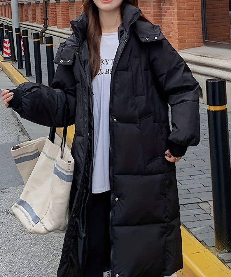 Women's Winter Jacket - Long Quilted Design - Warm Lined With Hood and Zipper