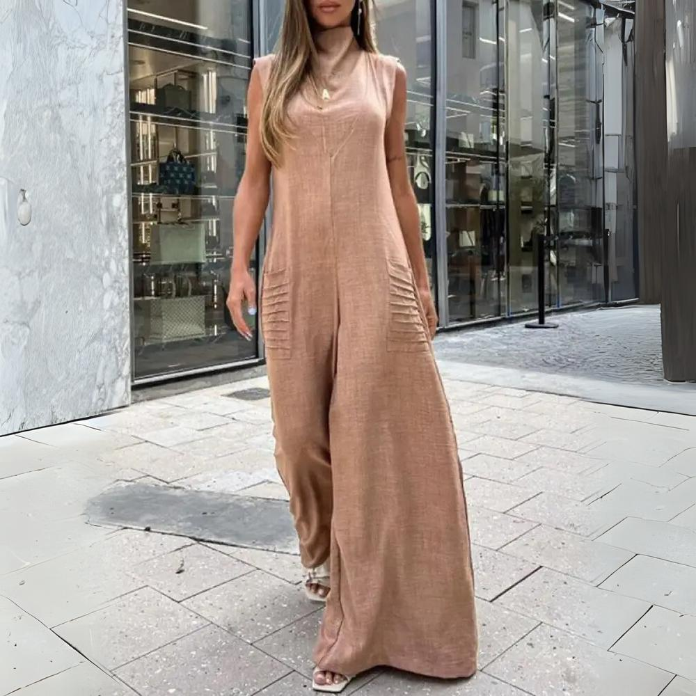 Dame Jumpsuit - Ærmeløs - Høj Hals - Vidde Ben - Letvægts Stoff - Afslappet Pasform