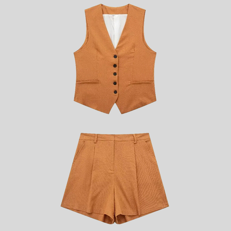 Women's Vest and Shorts Set – Tailored Waistcoat – High-Waisted Casual Shorts