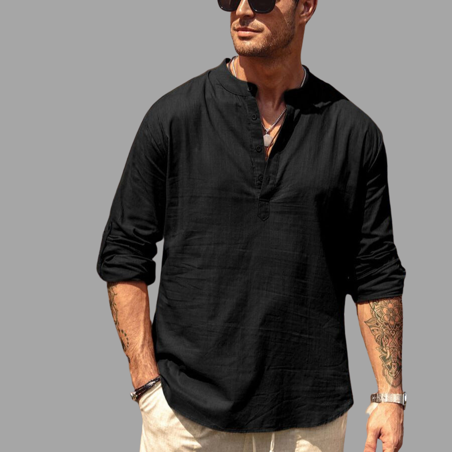 Men's Shirt - Long-Sleeve Henley - Relaxed Fit - Lightweight and Breathable Design