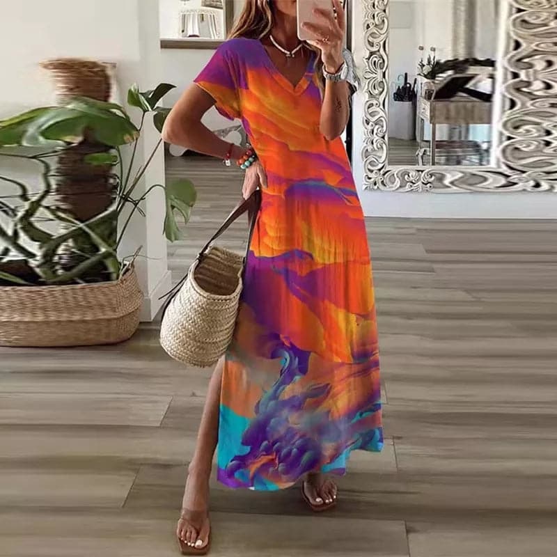 Elodie - Colorful Long Dress with V-Neckline
