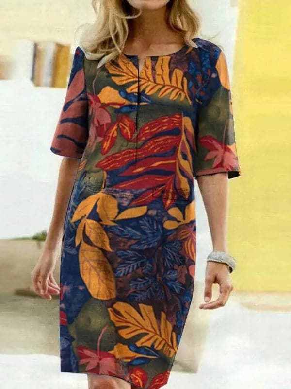 Women's Shirt Dress – Lightweight Fabric – Comfortable Fit – Floral Design – 3/4 Sleeves