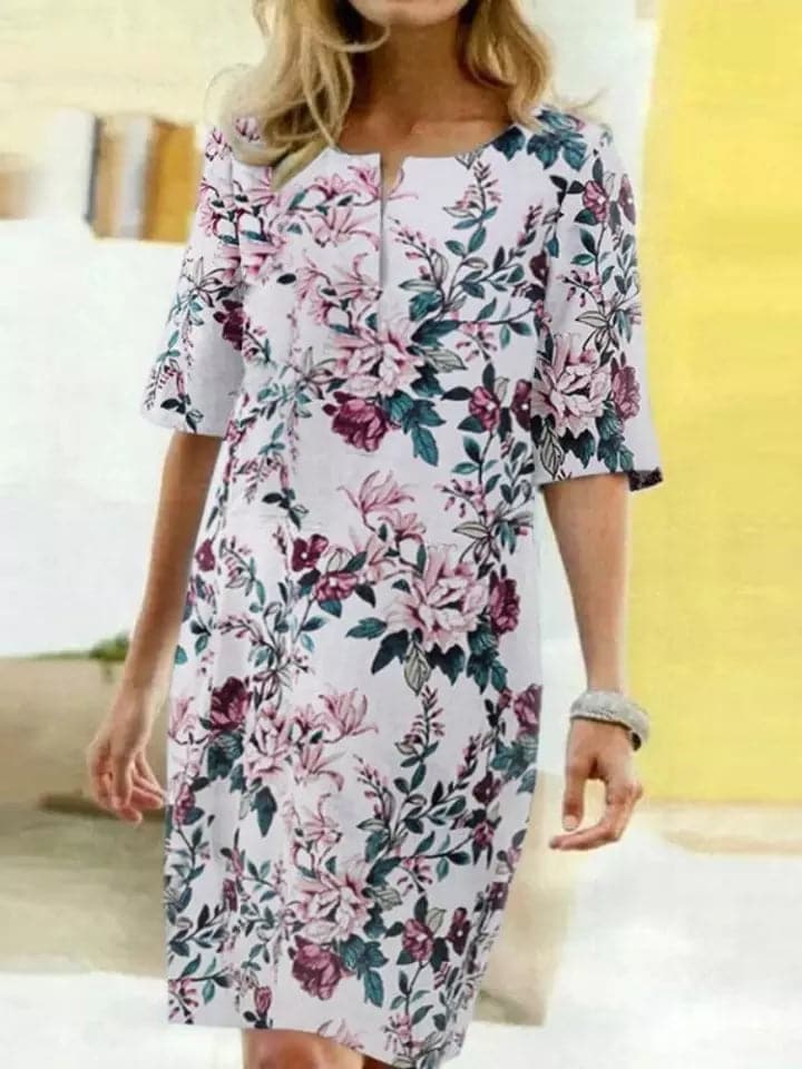 Women's Shirt Dress – Lightweight Fabric – Comfortable Fit – Floral Design – 3/4 Sleeves
