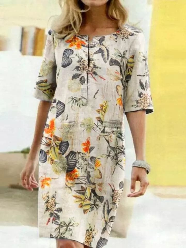 Women's Shirt Dress – Lightweight Fabric – Comfortable Fit – Floral Design – 3/4 Sleeves
