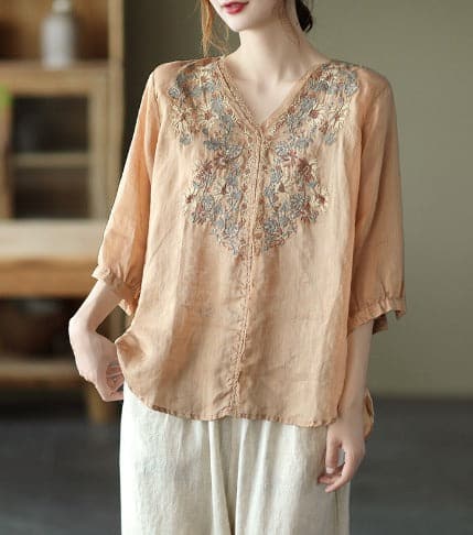 Women's Blouse - V-neck - Embroidered - 3/4 Sleeves - Loose Fit - Light and Comfortable