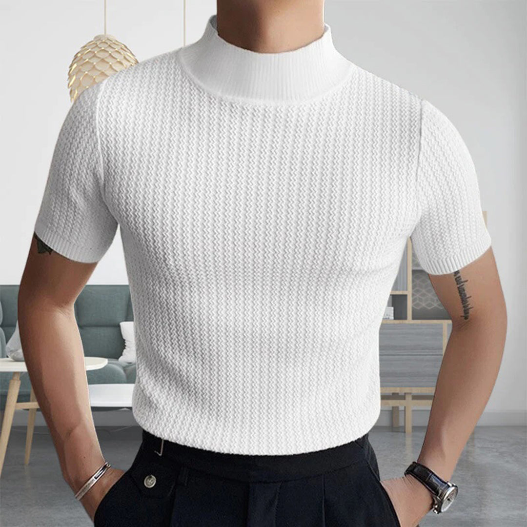 Men's Knit Sweater - Turtleneck - Ribbed Texture - Slim Fit - Short Sleeve