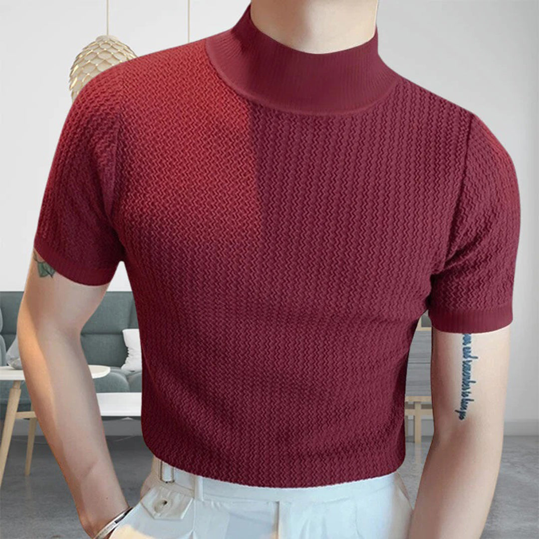 Men's Knit Sweater - Turtleneck - Ribbed Texture - Slim Fit - Short Sleeve