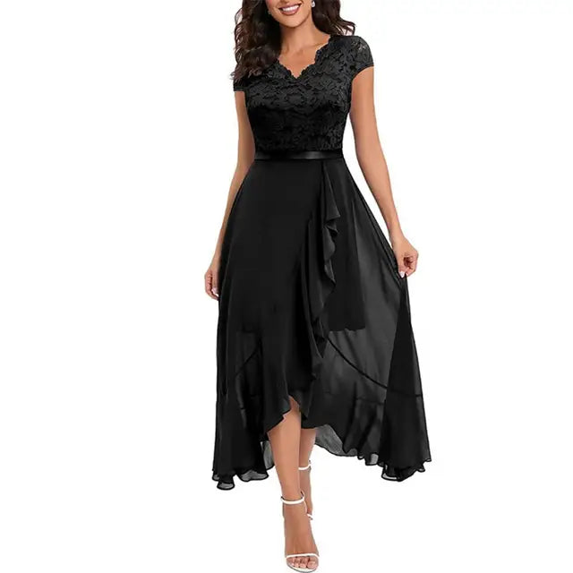Dress for Women – Party Dress in A-line Cut – Lace Top – High-low Hem with Ruffles