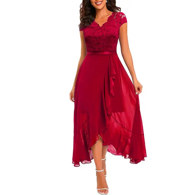 Dress for Women – Party Dress in A-line Cut – Lace Top – High-low Hem with Ruffles
