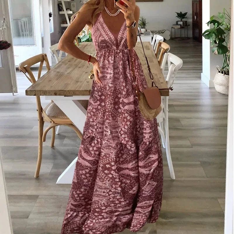 Dame Maxi Kjole - Halterneck - Ærmeløs - Let og Luftig - Elegant Snit