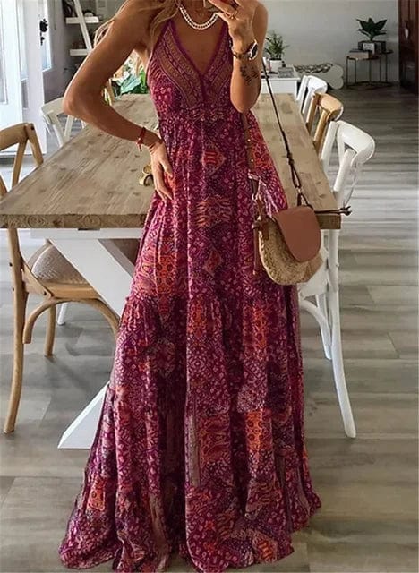Dame Maxi Kjole - Halterneck - Ærmeløs - Let og Luftig - Elegant Snit