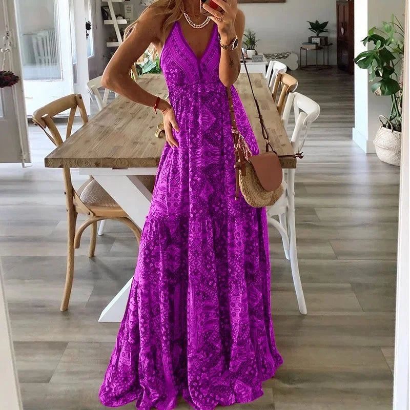 Dame Maxi Kjole - Halterneck - Ærmeløs - Let og Luftig - Elegant Snit