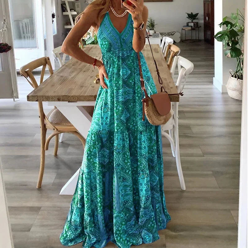 Dame Maxi Kjole - Halterneck - Ærmeløs - Let og Luftig - Elegant Snit