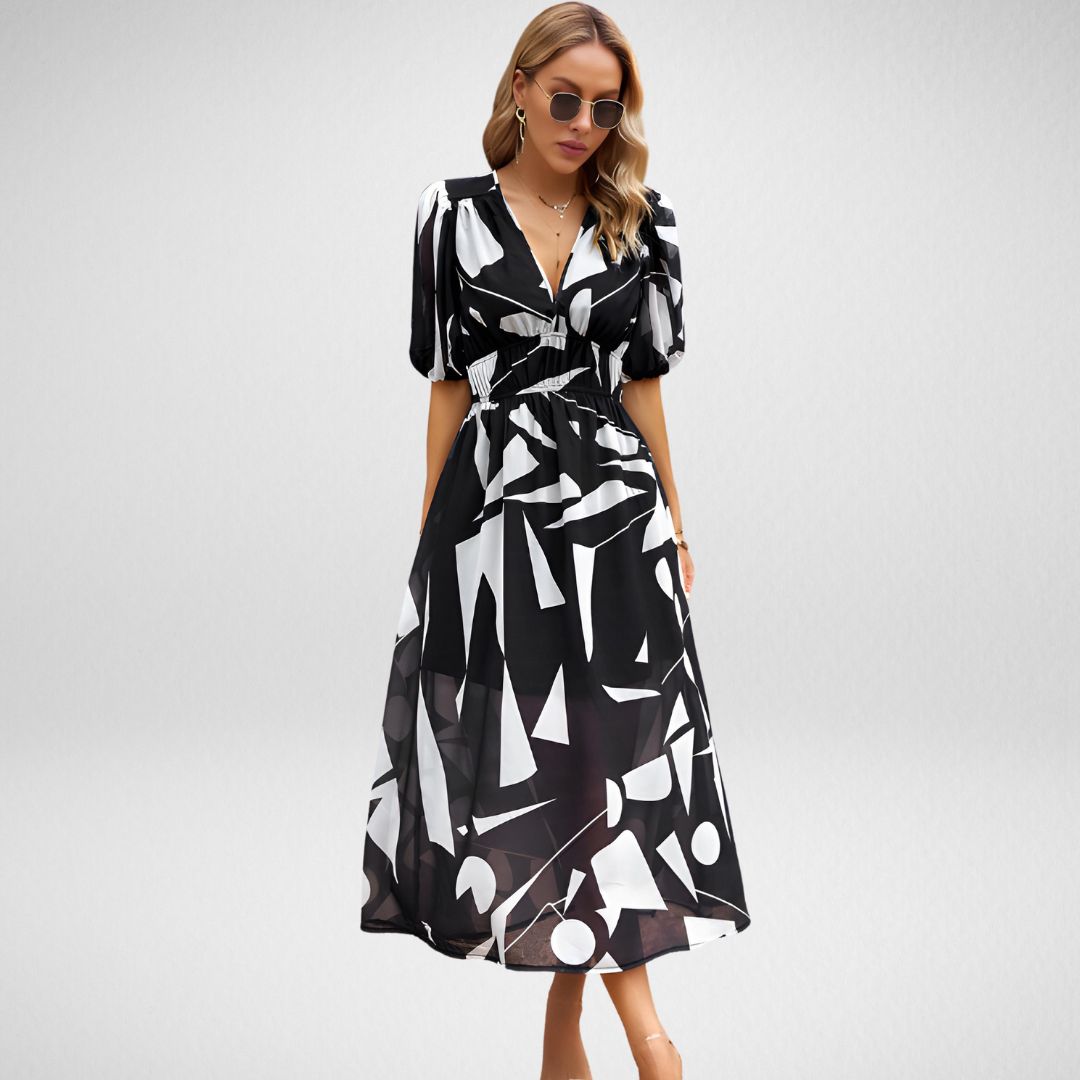 Linne - Abstract Print Maxi Dress with Puff Sleeves
