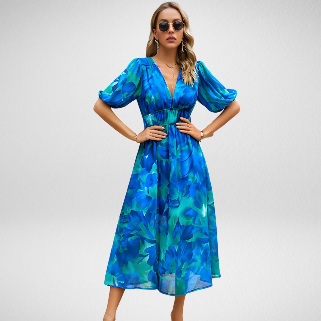 Linne - Abstract Print Maxi Dress with Puff Sleeves