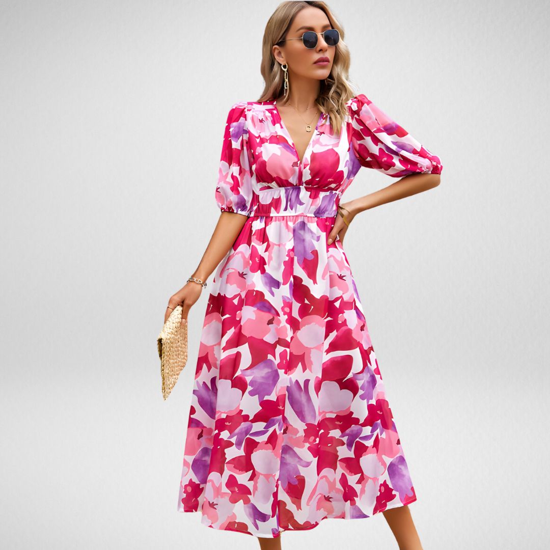 Linne - Abstract Print Maxi Dress with Puff Sleeves