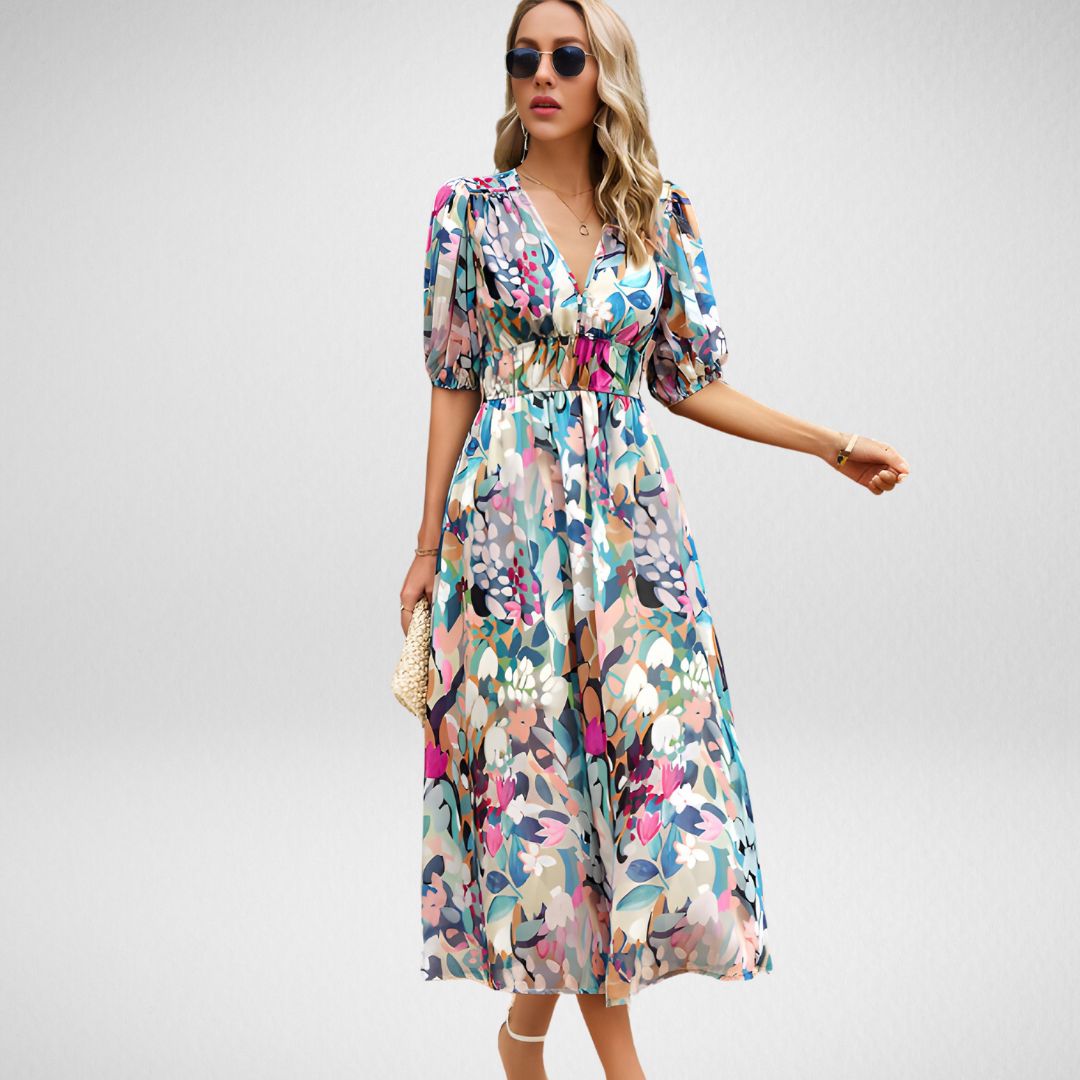 Linne - Abstract Print Maxi Dress with Puff Sleeves