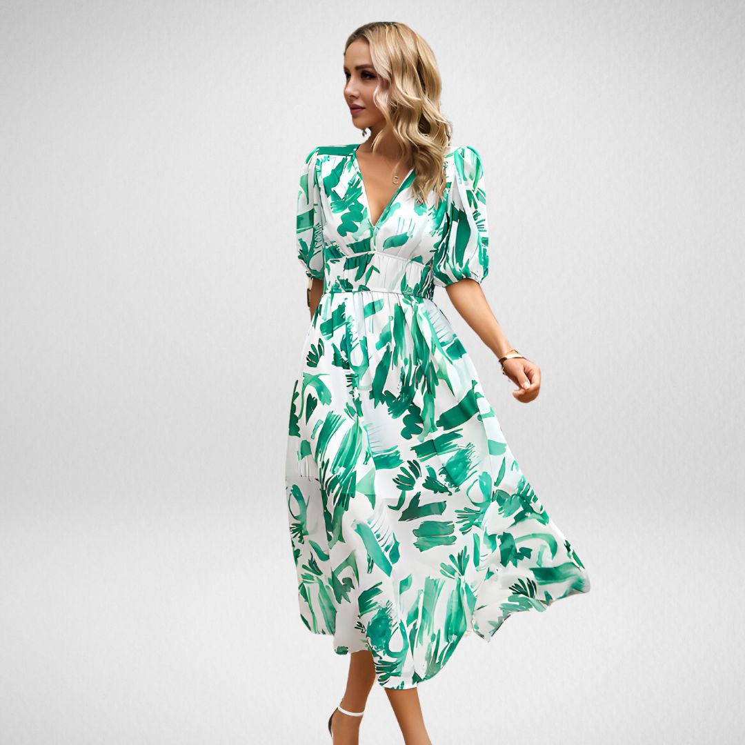 Linne - Abstract Print Maxi Dress with Puff Sleeves