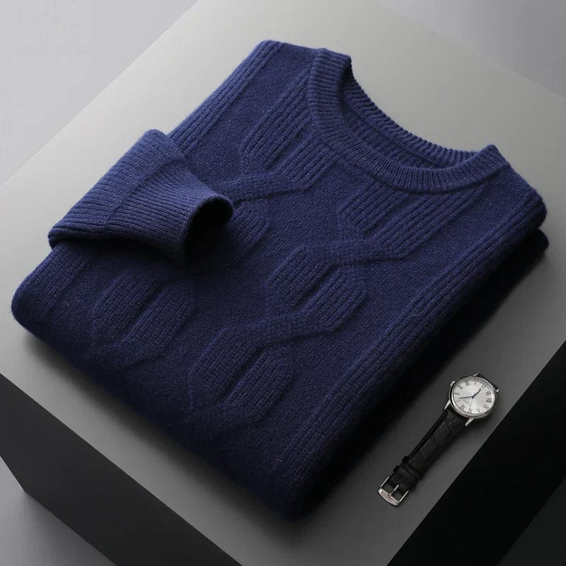 Men's Sweater - Cable Knit - Wool Blend - Classic Round Neck - Ribbed Edges