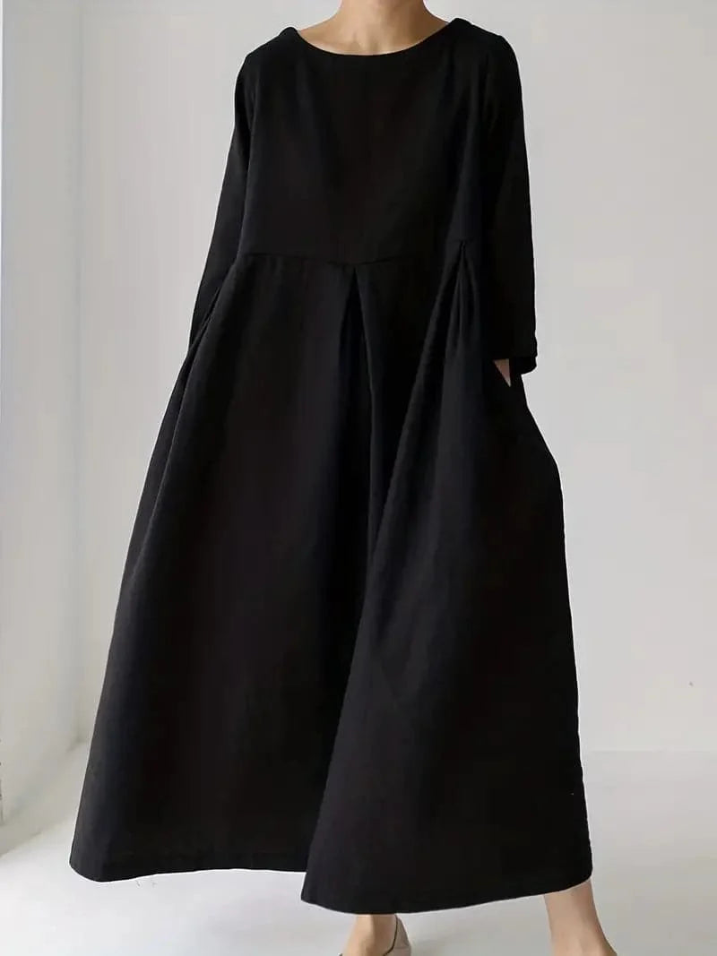 Women's Maxi Dress - Loose Fit - Long-Sleeved with Ruched Waist - Lightweight and Breathable