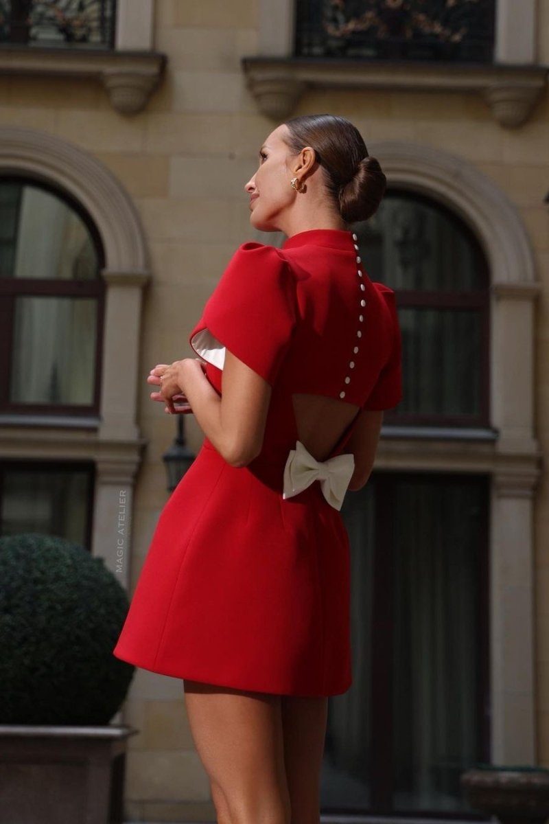 Dress for Women – Mini – Fitted A-line – Puff Sleeves – Open Back with Bow