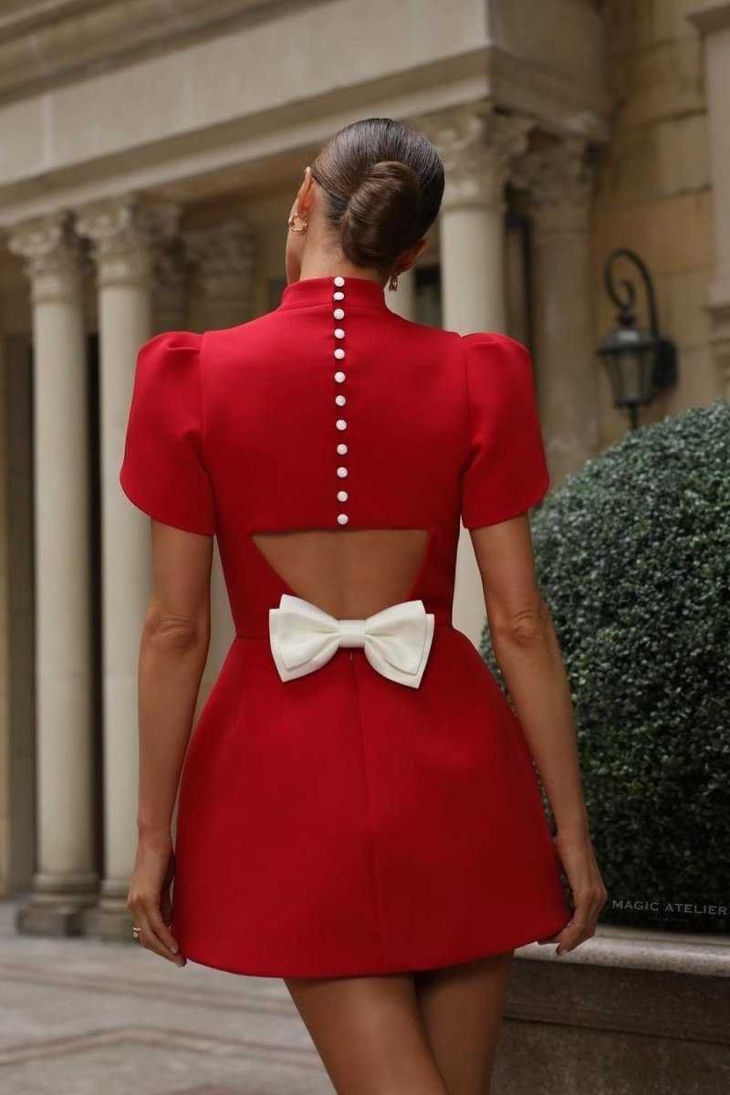 Dress for Women – Mini – Fitted A-line – Puff Sleeves – Open Back with Bow