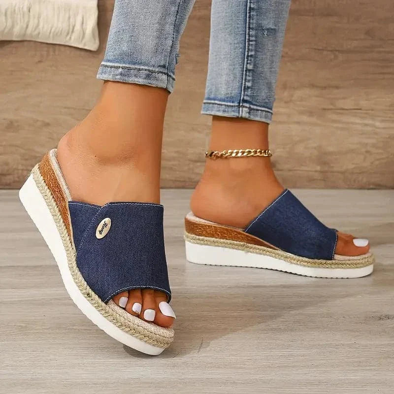 Women's Wedge Sandals - Denim - Open Toe - Comfortable Platform with Jute