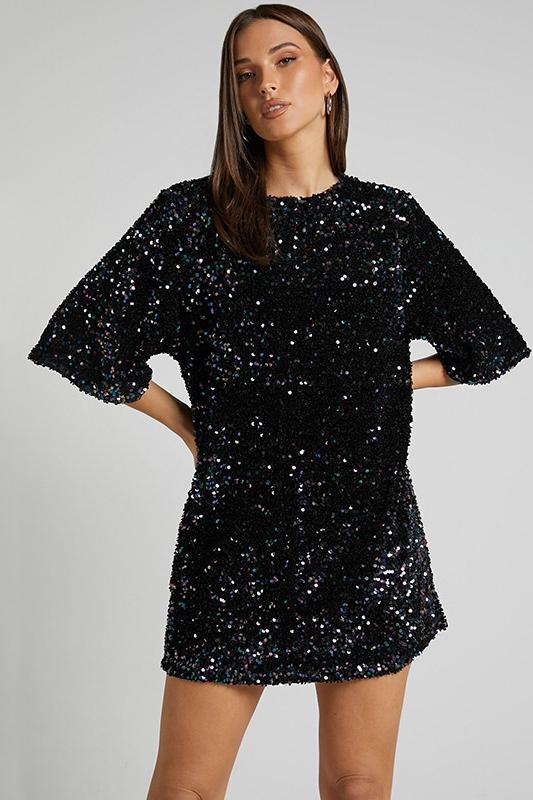 Women's Mini Dress – Sequin Design – Deep Neckline – Open Back – Relaxed Fit