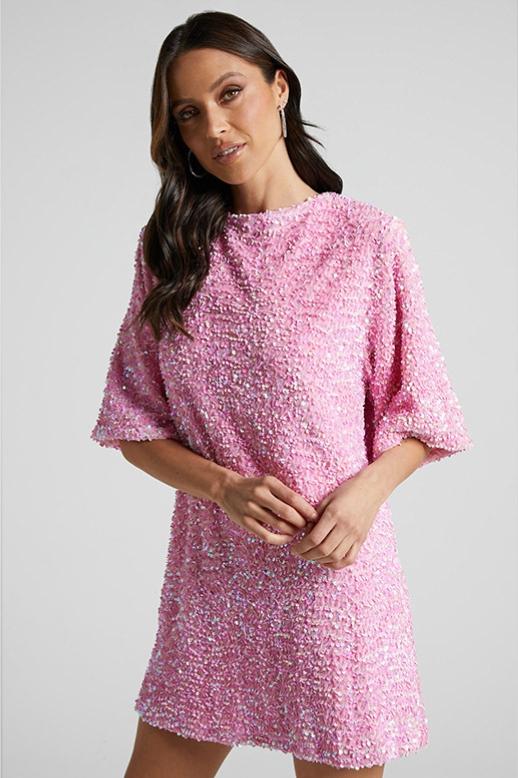 Women's Mini Dress – Sequin Design – Deep Neckline – Open Back – Relaxed Fit