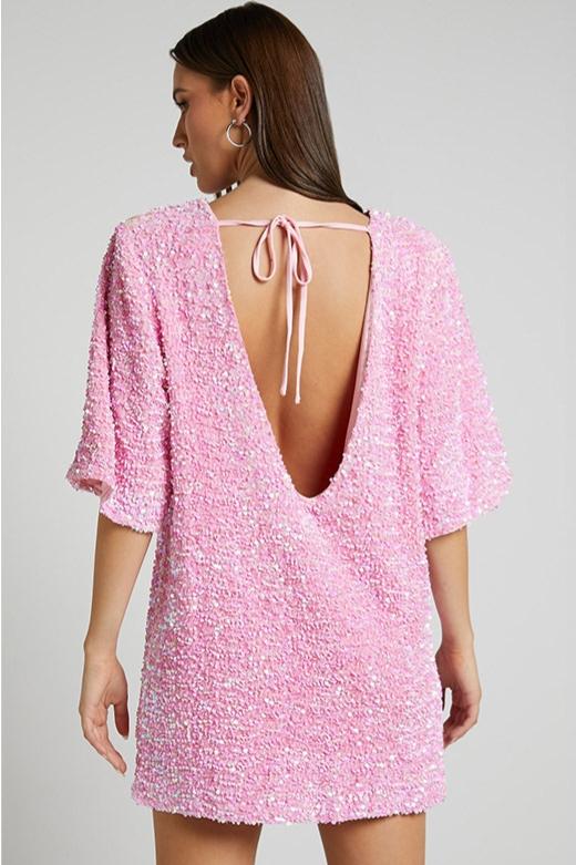 Women's Mini Dress – Sequin Design – Deep Neckline – Open Back – Relaxed Fit