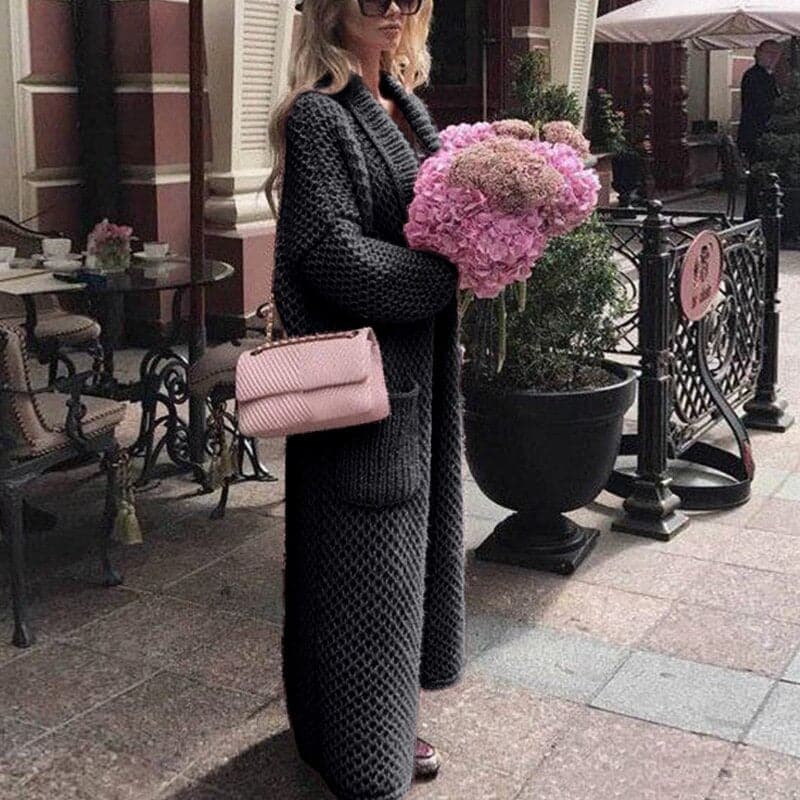 Women's Long Knitted Cardigan - Open Front - Chunky Knit - With Large Pockets