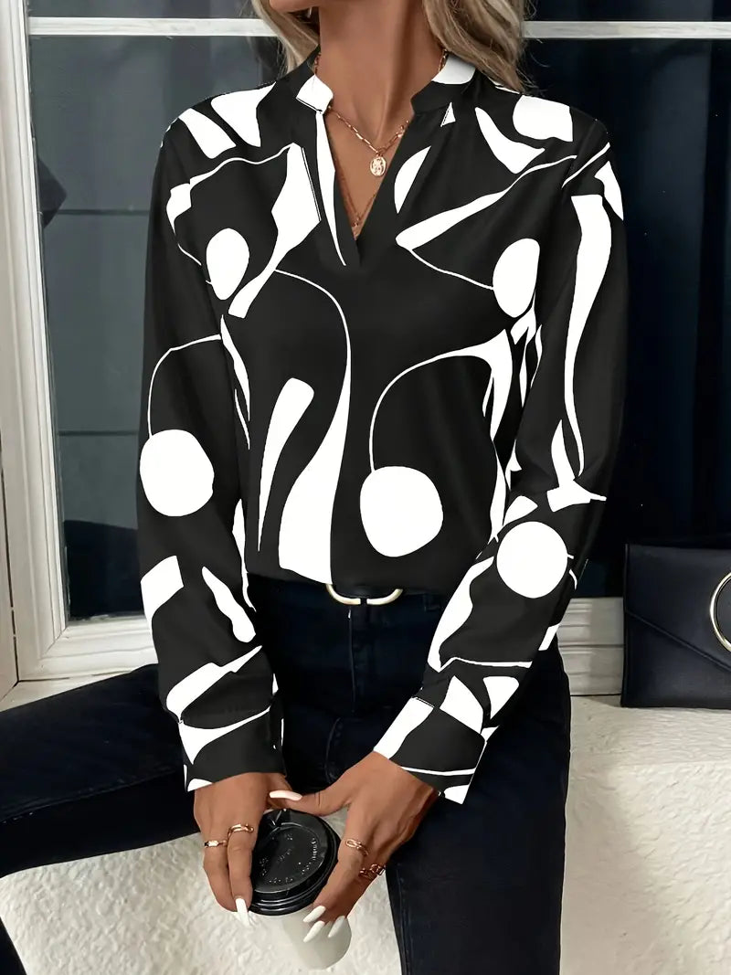 Women's Blouse - V-Neck with Collar - Long-Sleeved Elegant Loose Fit