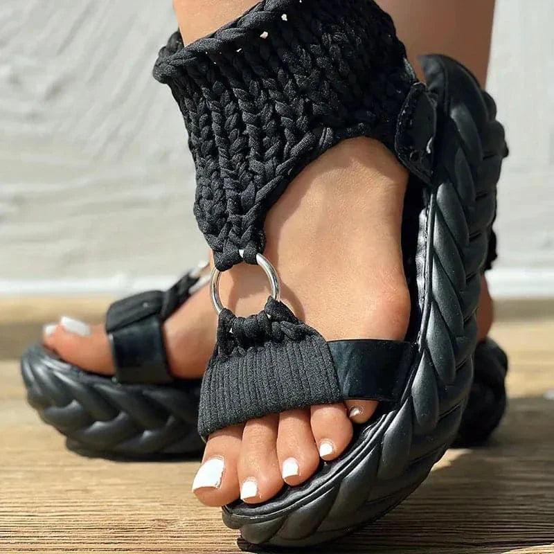 Women's Sandals - Chunky Sole - Crocheted Upper - Adjustable Straps - Comfort & Style