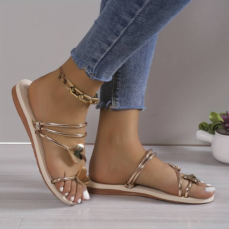Women's Sandals - Flat Comfort Sole - Multi-Strap Design with Heart Decoration