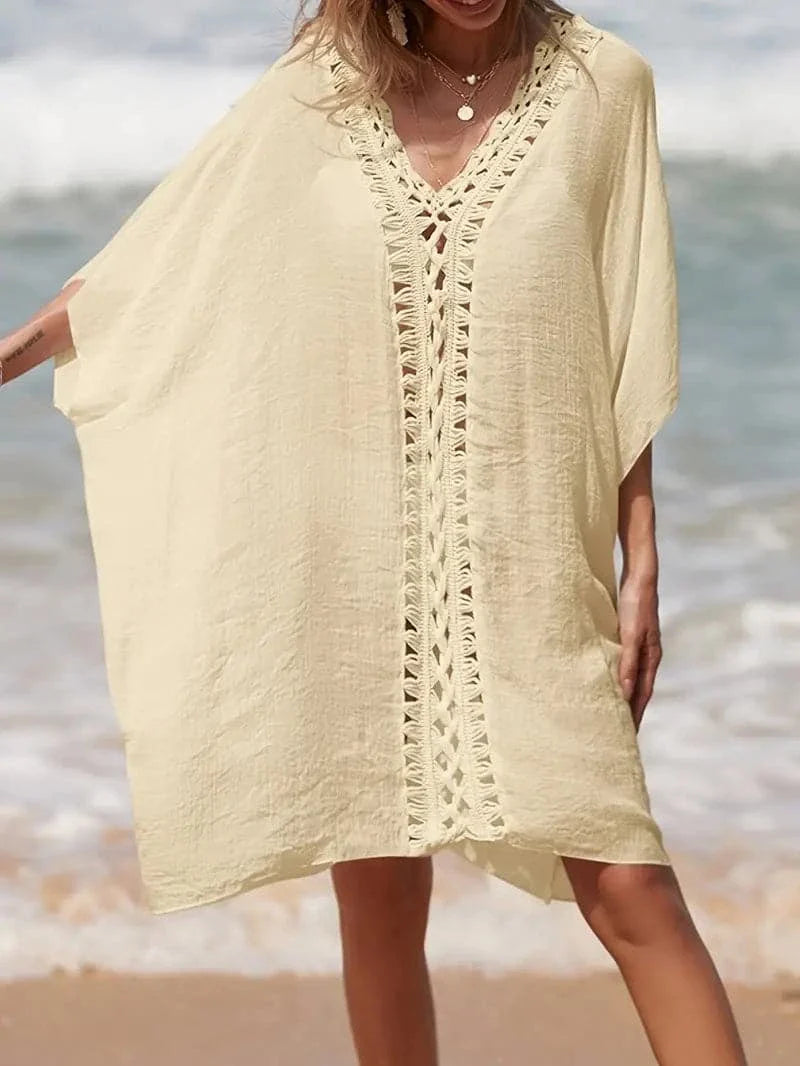 Women's Beach Kimono - Light and Airy - V-Neck with Lace Details - Short Sleeves