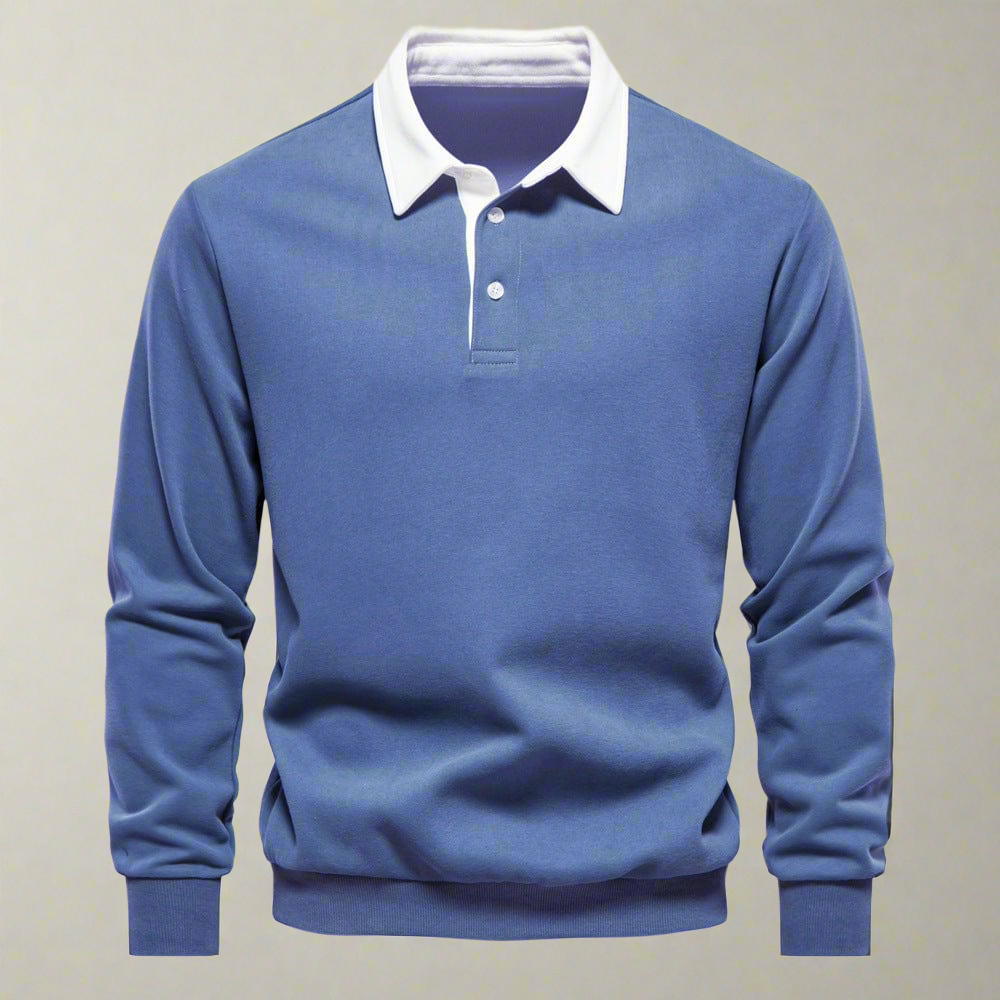 Men's Long-Sleeve Polo Shirt - Classic Collar - Button Closure - Regular Fit - Ribbed Cuffs
