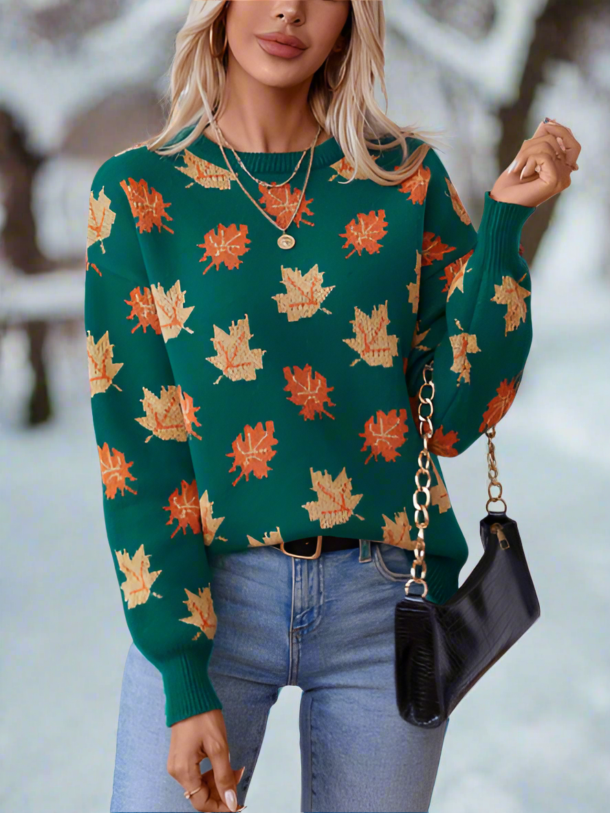 Women's Knit Sweater - Leaf Pattern - Relaxed Fit - Long-Sleeved Crew Neck