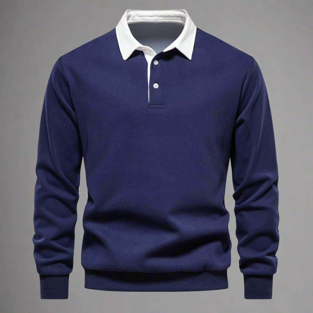 Men's Long-Sleeve Polo Shirt - Classic Collar - Button Closure - Regular Fit - Ribbed Cuffs