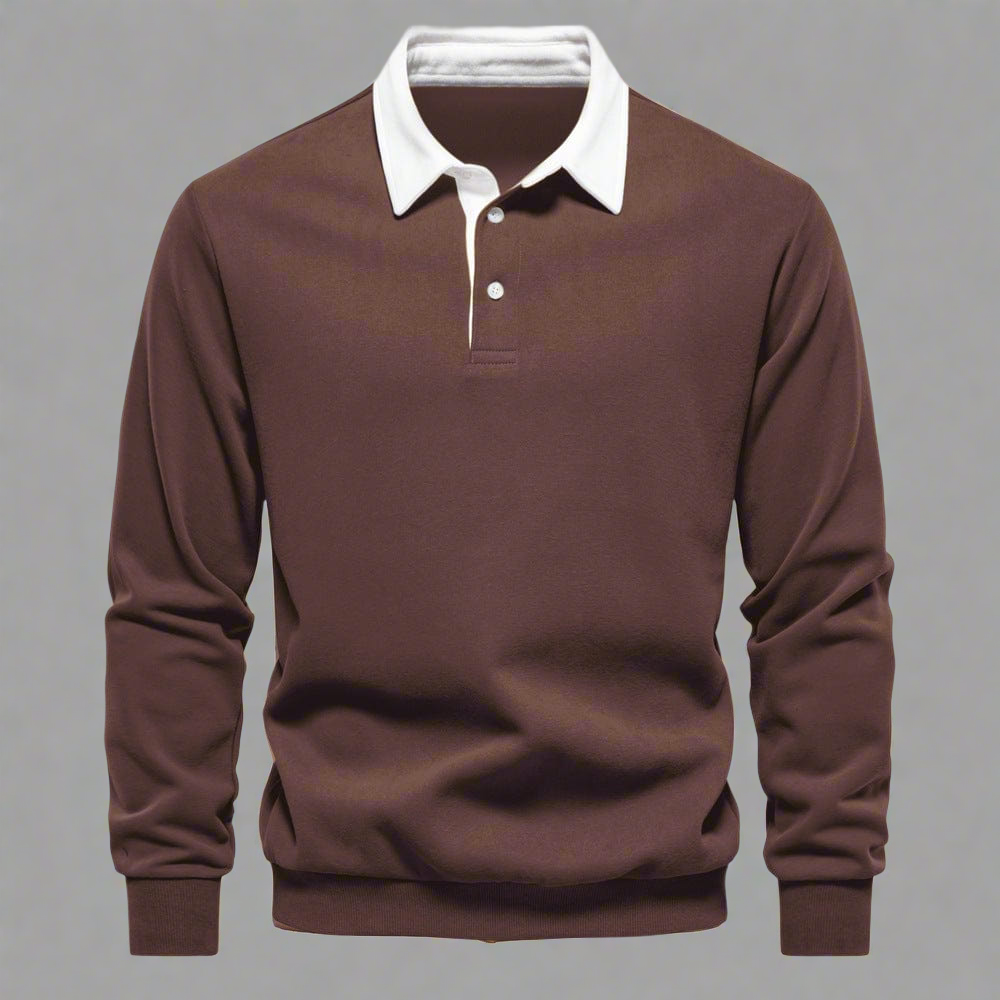 Men's Long-Sleeve Polo Shirt - Classic Collar - Button Closure - Regular Fit - Ribbed Cuffs