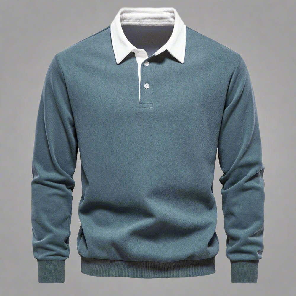 Men's Long-Sleeve Polo Shirt - Classic Collar - Button Closure - Regular Fit - Ribbed Cuffs