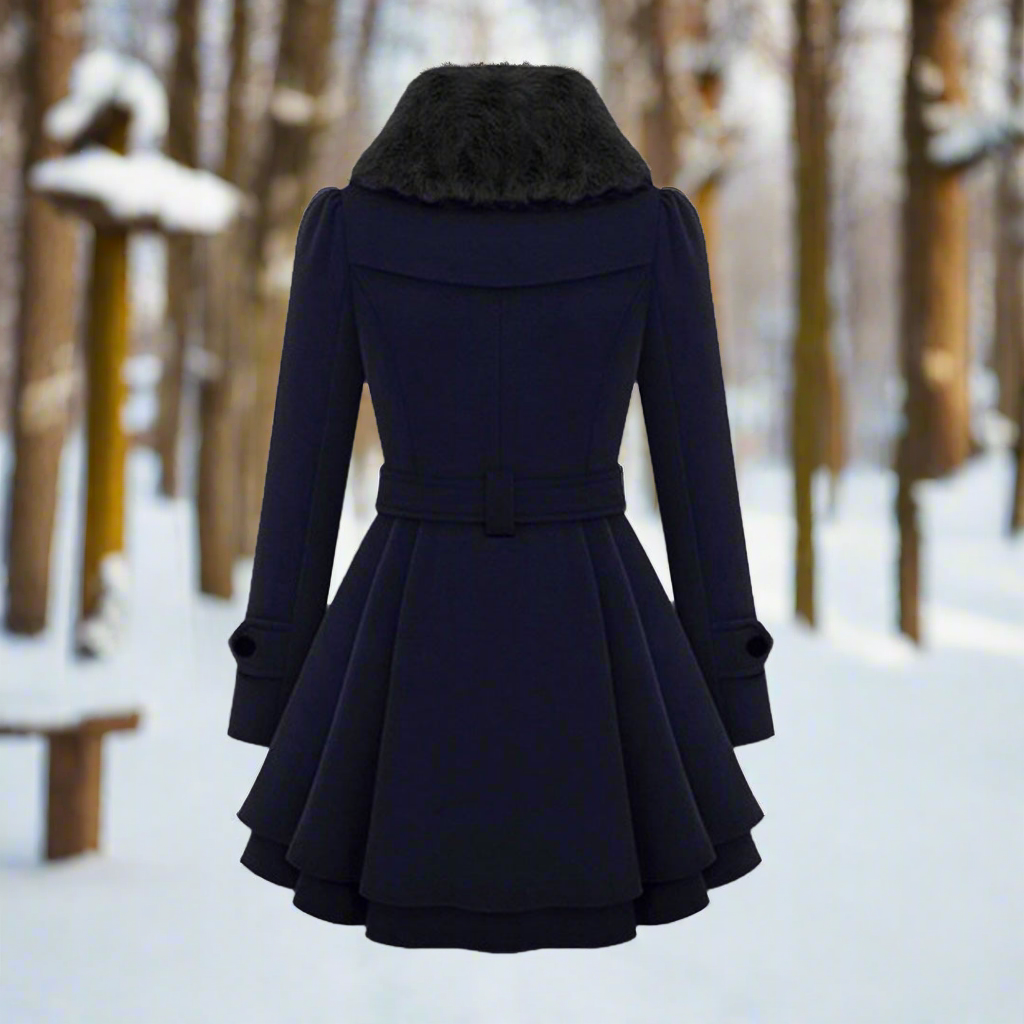 Women's Coat - Double Breasted - A-Line Fit - Waist Belt & Faux Fur Collar