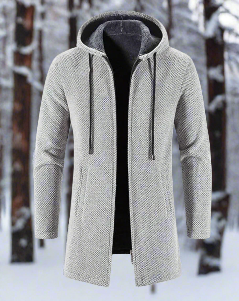 Men's Wool Coat - Hood with Drawstring - Long and Warm - Modern Tailored Fit
