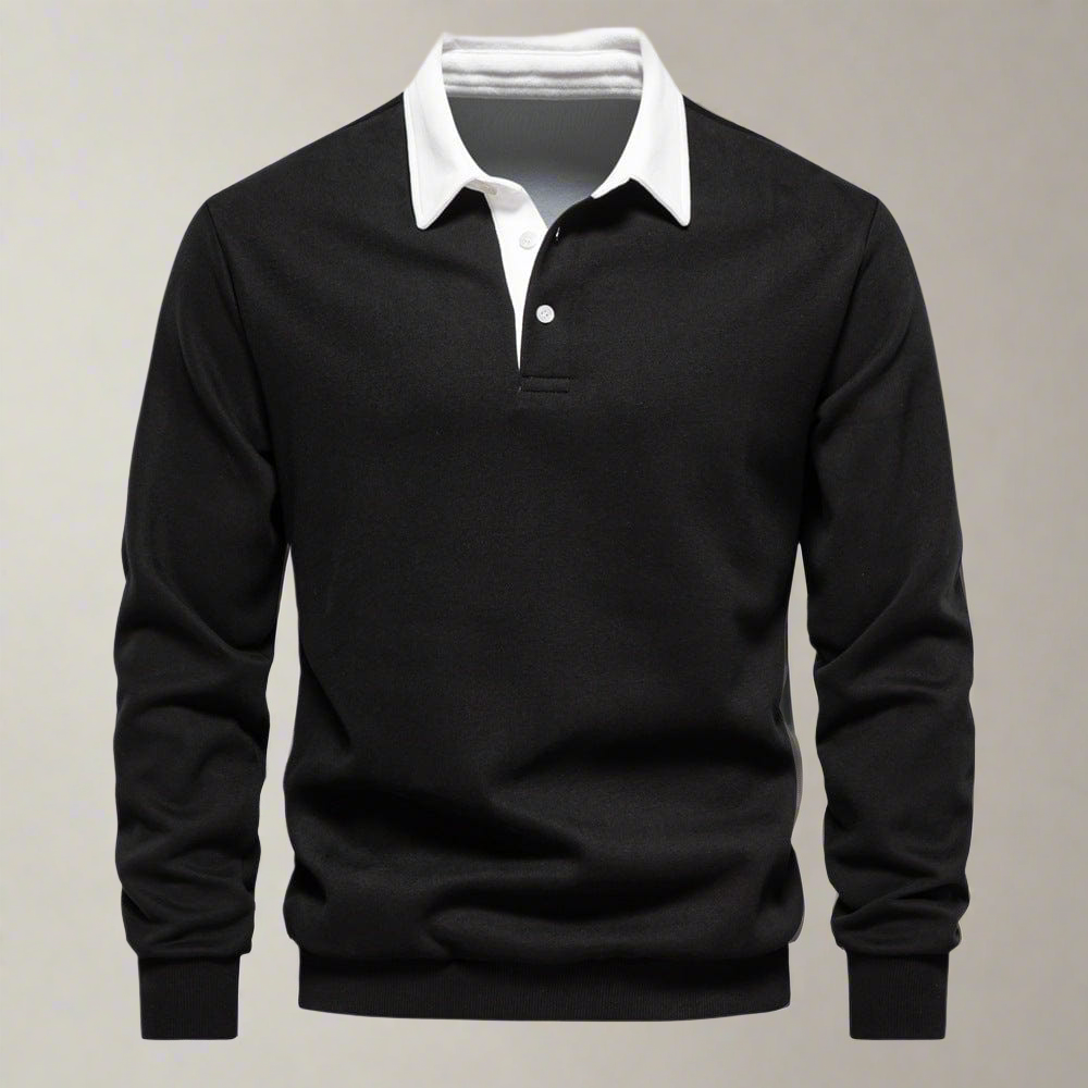 Men's Long-Sleeve Polo Shirt - Classic Collar - Button Closure - Regular Fit - Ribbed Cuffs