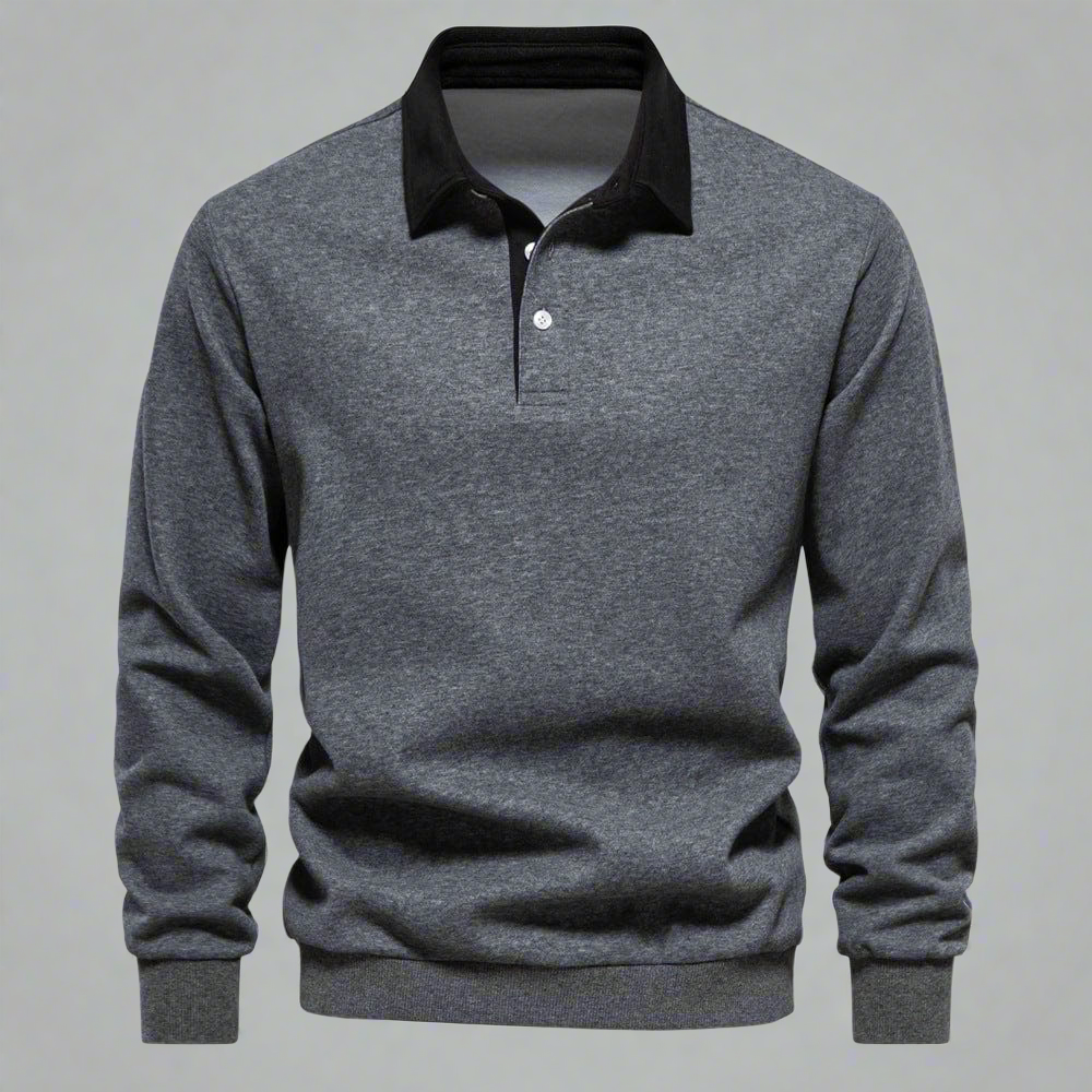 Men's Long-Sleeve Polo Shirt - Classic Collar - Button Closure - Regular Fit - Ribbed Cuffs